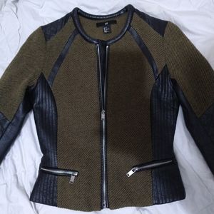 H&M Olive Green Black Tweed Quilted Faux Leather Blazer Jacket Size 4
